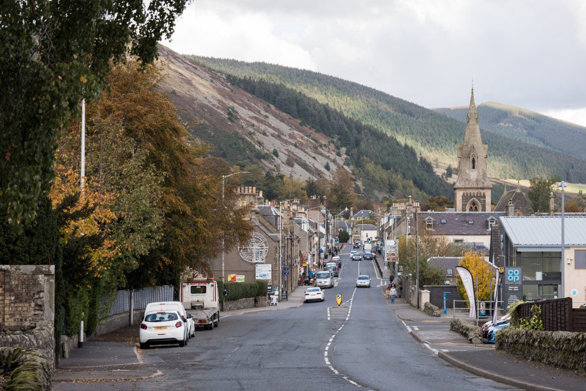 Innerleithen town centre and hills in distance